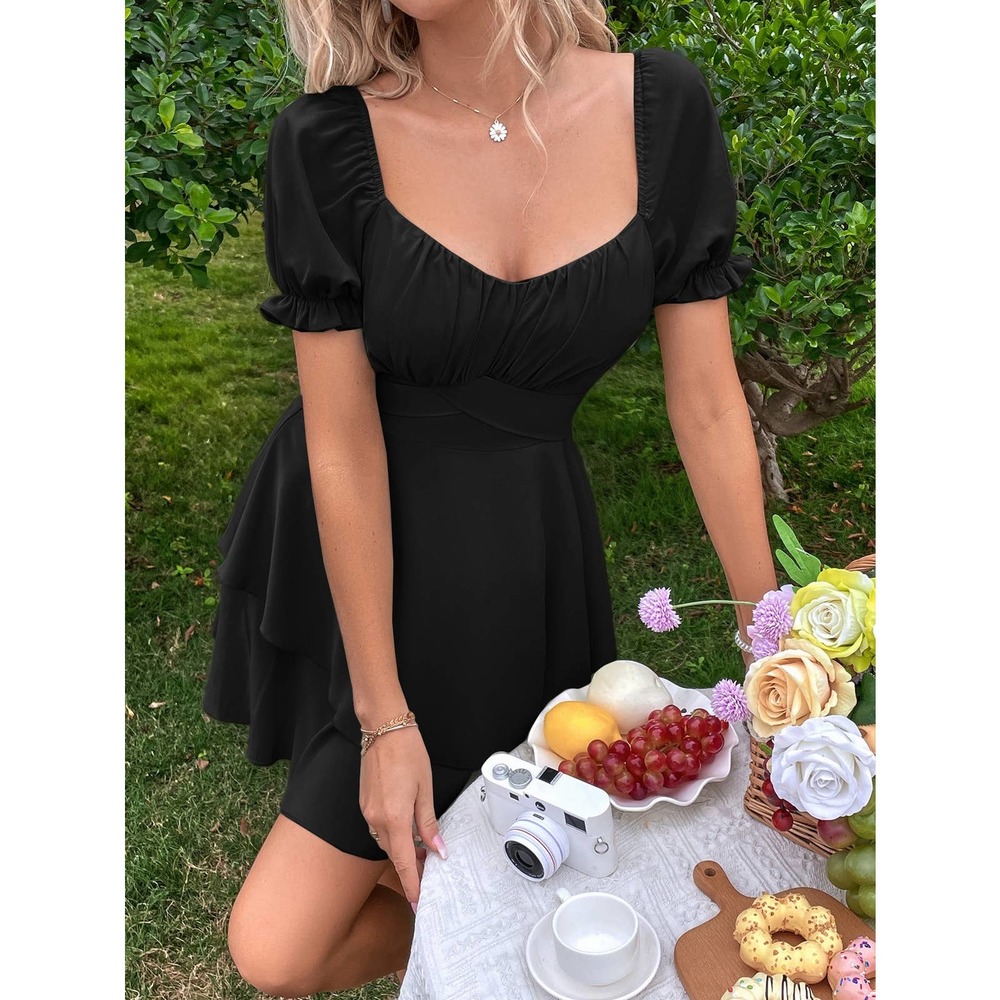 Sweetheart Neck Short Puff Sleeve Layered Hem Mini Dress light blue - Picture 8 of 11